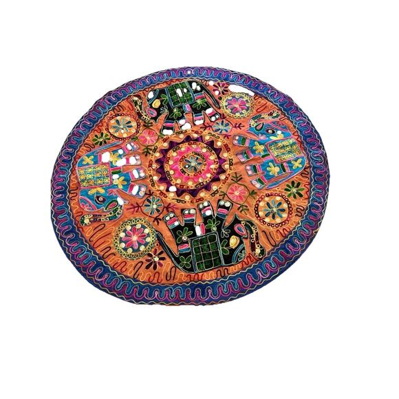 Wall Hanging table topper cotton Elephant embroidery Mirrors 35” Round Boho - Picture 2 of 16